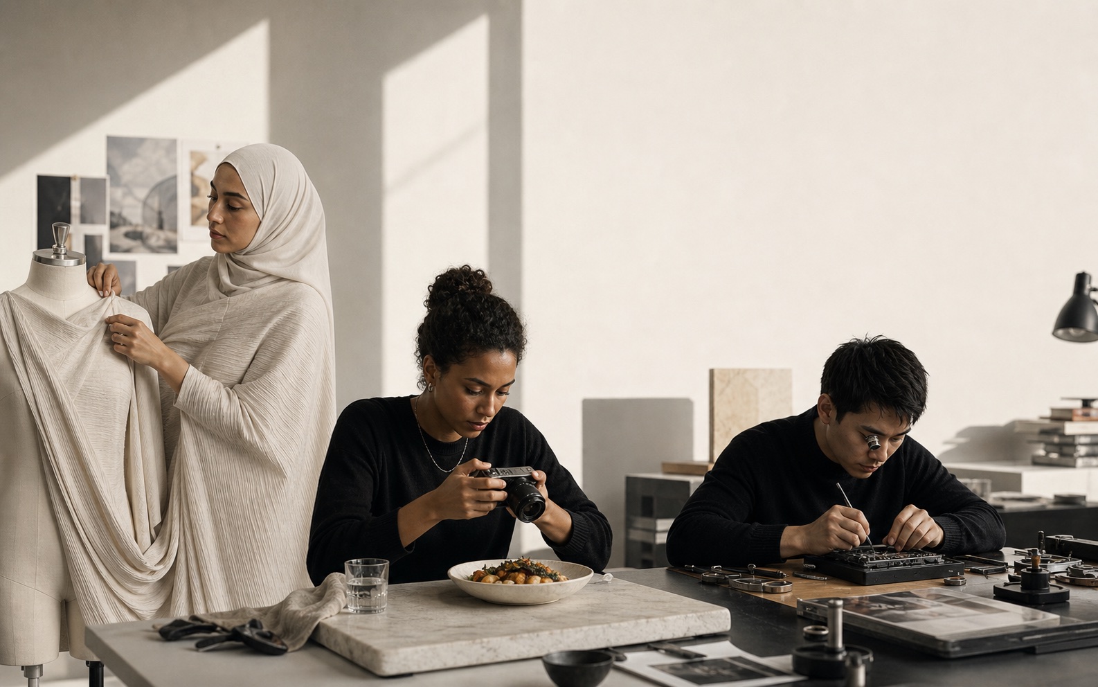 Three creators working across modest fashion, food photography, and product design