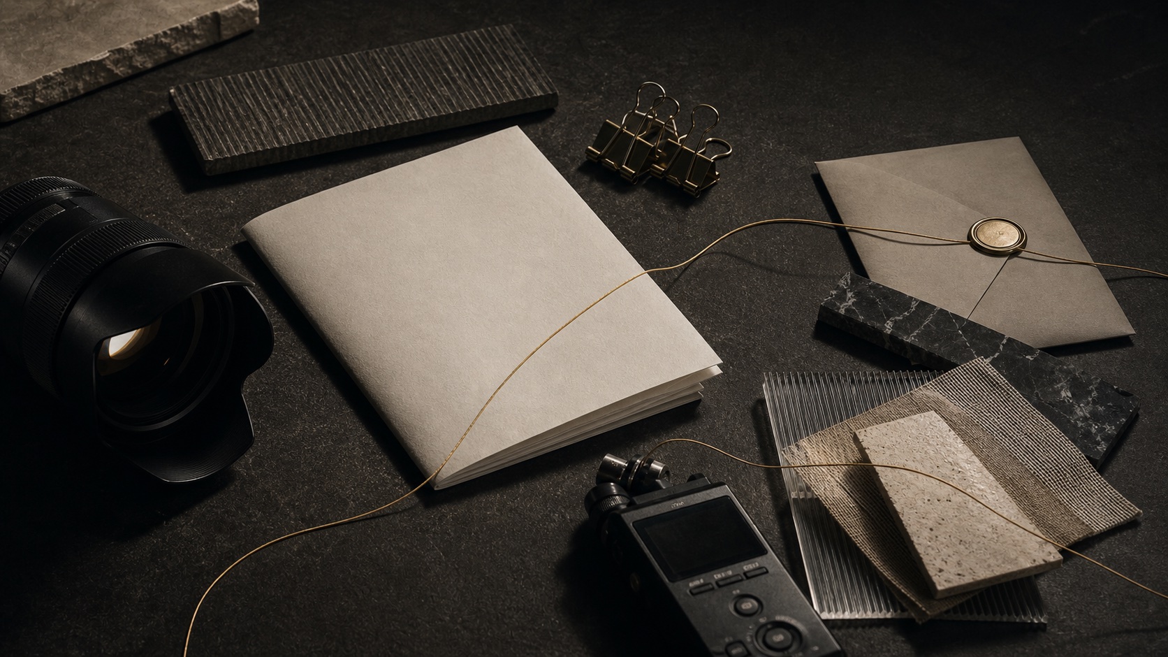 Camera, papers, recorder, materials, and a gold thread representing a connected partnership process